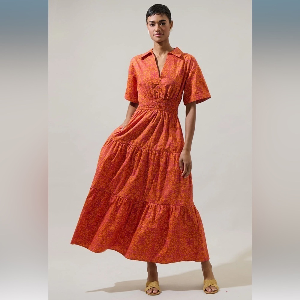 SugarLips DeBary Daphne Floral Apres Tiered Maxi Dress Flame Orange